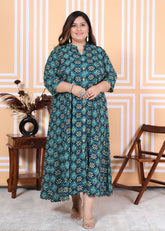 Plus Size Green Floral Print Flared Long Kurta-400039